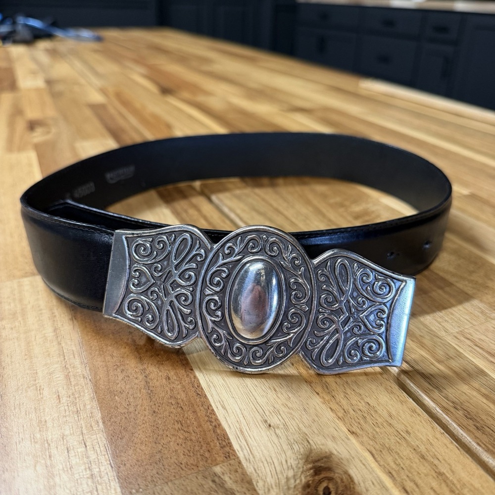 Brighton Vintage 1994 Black Leather Western Belt Silver Hardware Size 26 45003